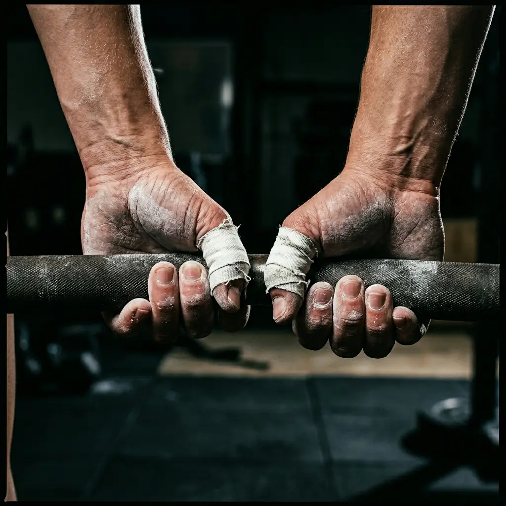 Dita di un atleta di CrossFit fasciate con tape bianco per la protezione dell'hook grip su un bilanciere d'acciaio